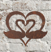 Load image into Gallery viewer, Rustic Metal Heart &amp; Swans Wall Art Sculpture Bespoke Handmade Gift
